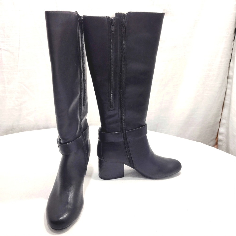 Aerosoles Patience Faux Leather Extended Calf Knee-High Stack Heel Boots - Picture 13 of 15